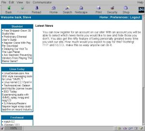 Screen capture shows news in small left column and site content in wide right column