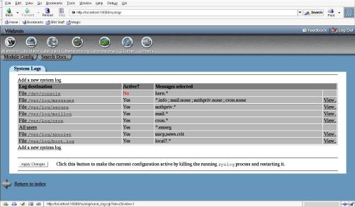 Figure 1. Webmin system log view