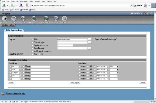Figure 2. Webmin log edit screen